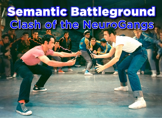 The two gang leaders from West Side Story facing off in a knife fight. Above them it says Semantic Battleground: Clash of the Neurogangs